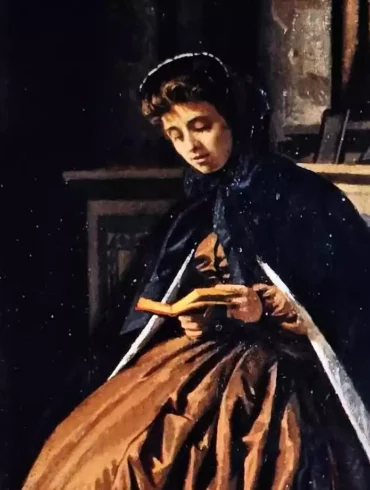 女人面孔特写，正在阅读阿巴提的祷告书。