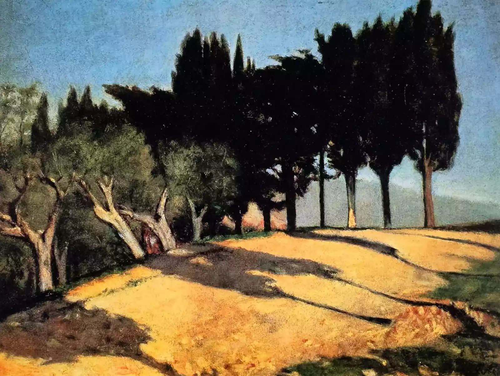 Tabloul &Quot;Country Road With Cypresses&Quot; De Giuseppe Abbati. Peisaj Cu Copaci Și Umbre Intense Pe Drum.