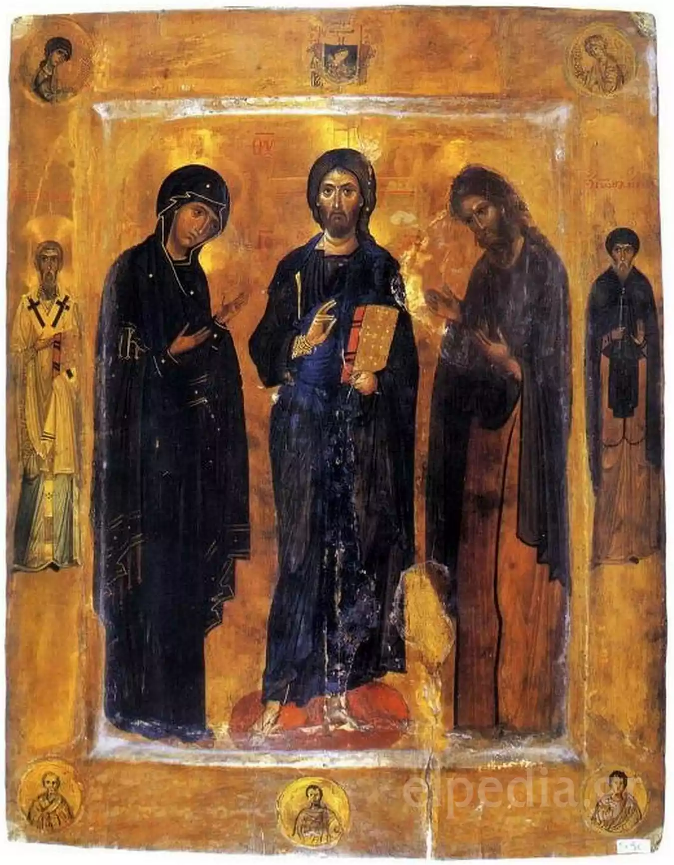 拜占庭的德西斯图像，基督与圣母玛利亚和施洗约翰在金色背景下。