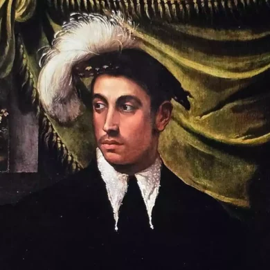 पुरुष का चेहरा, जो तिरछी नजर से देख रहा है, निकोलो डेल' अब्बेट के चित्र से