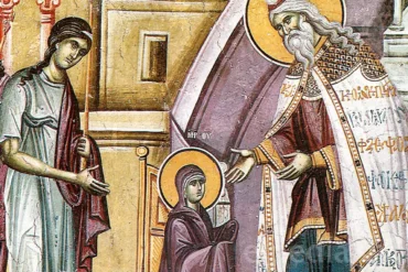 Η Μορφή Της Μικρής Παναγίας Με Ώριμο Και Σοβαρό Βλέμμα, Μπροστά Στον Ζαχαρία