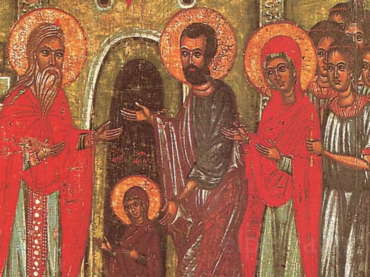 Λεπτομέρεια Με Τους Γονείς Ιωακείμ Και Άννα Στην Εικόνα Εισόδια Της Θεοτόκου 14Ος Αιώνας.