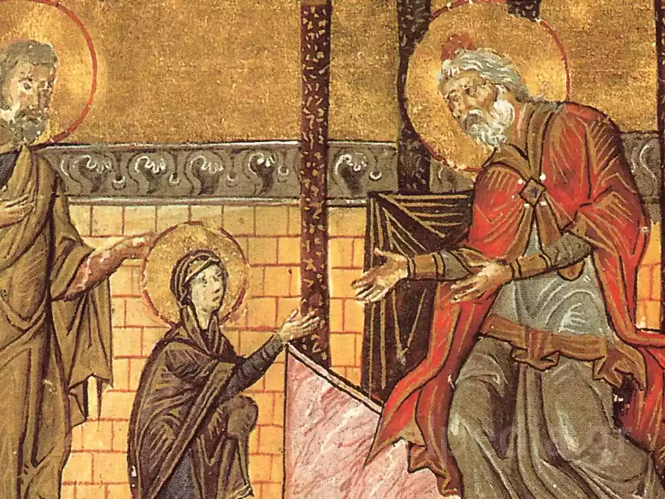 Η Είσοδος Της Θεοτόκου Στον Ναό Στο Μηνολόγιο Του Βασιλείου Β΄: Σπουδή Στο Φως Και Την Αρχιτεκτονική 15 Λεπτομέρεια Της Μικρής Μαρίας Στα Εισόδια Της Θεοτόκου Ενώ Πλησιάζει Τον Ιερέα Ζαχαρία Στο Ναό.