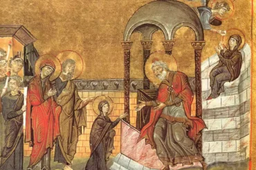 L'Ingresso Della Theotokos Nel Tempio In Una Miniatura Con Fondo Oro E Sfondo Architettonico, Menologio Di Basilio Ii