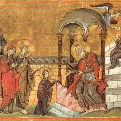 L'Ingresso Della Theotokos Nel Tempio In Una Miniatura Con Fondo Oro E Sfondo Architettonico, Menologio Di Basilio Ii