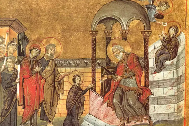 L'Ingresso Della Theotokos Nel Tempio In Una Miniatura Con Fondo Oro E Sfondo Architettonico, Menologio Di Basilio Ii