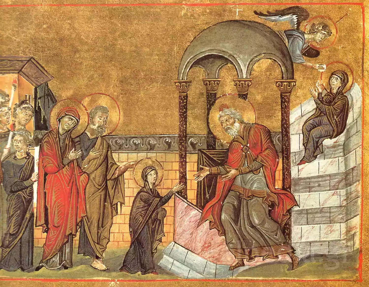 Η Είσοδος Της Θεοτόκου Στον Ναό Στο Μηνολόγιο Του Βασιλείου Β΄: Σπουδή Στο Φως Και Την Αρχιτεκτονική 14 Μικρογραφία Εισοδίων Της Θεοτόκου Από Το Μηνολόγιο Βασιλείου Β Με Χρυσό Βάθος Και Αρχιτεκτονική.