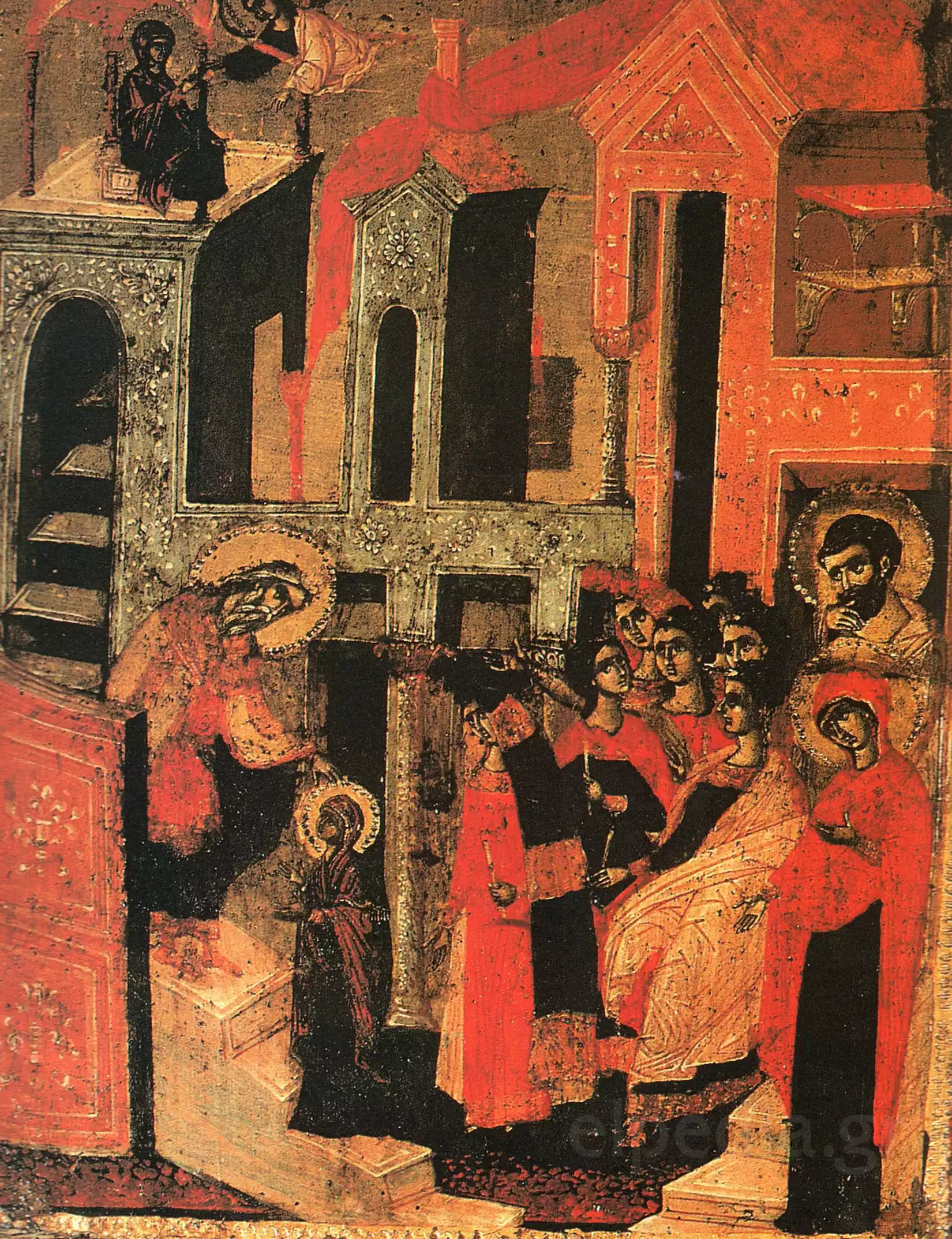 Η Πλήρης Εικόνα Για Τα Εισόδια Της Θεοτόκου Του Selenicasi Με Χρυσό Φόντο Και Αρχιτεκτονικά Βάθη.