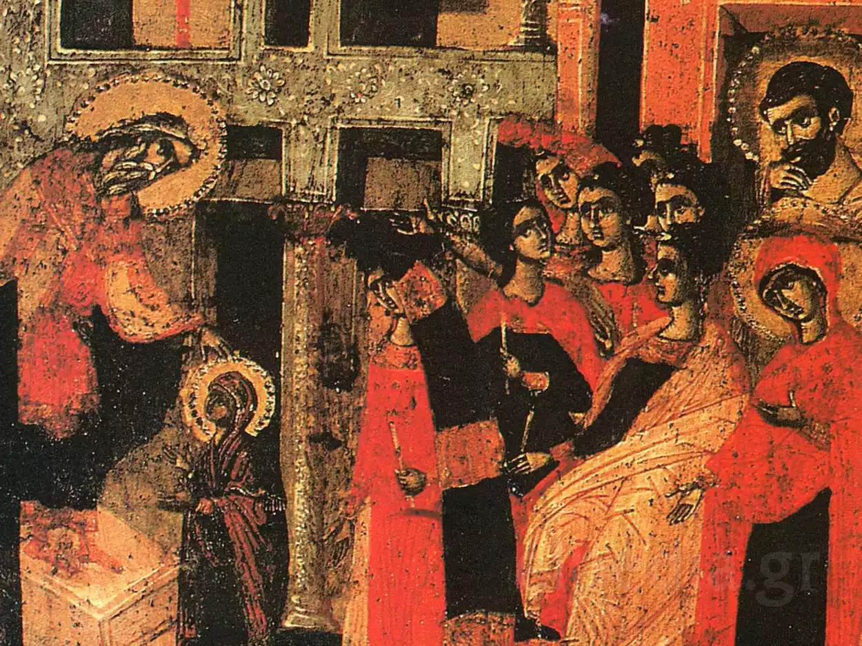 Η Εικόνα Των Εισοδίων Της Θεοτόκου Του Davide Selenicasi 15 Λεπτομέρεια Με Τον Ιερέα Ζαχαρία Να Υποδέχεται Την Παναγία Στα Εισόδια Της Θεοτόκου Του Selenicasi.