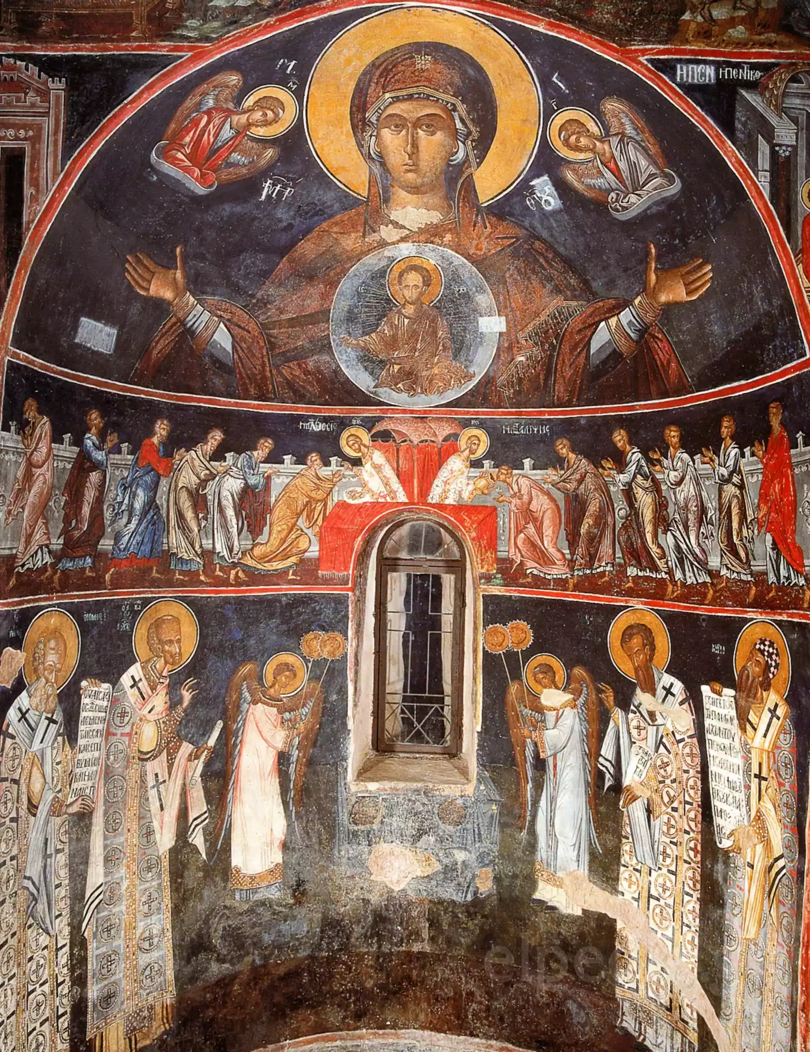 Οι Τοιχογραφίες Της Μονής Φιλανθρωπηνών Και Η Εικαστική Σιωπή Της Αψίδας 16 Ο Μελισμός Και Οι Ιεράρχες Γύρω Από Την Αγία Τράπεζα, Τοιχογραφίες Μονής Φιλανθρωπηνών.