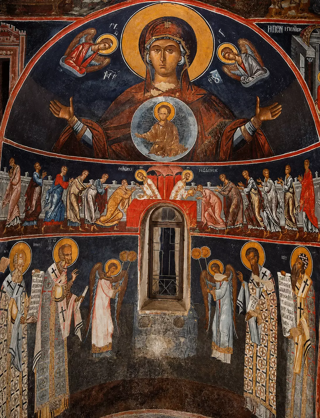Wide View Of The Complex Altar Frescoes Within Philanthropinon Monastery'S Katholikon.