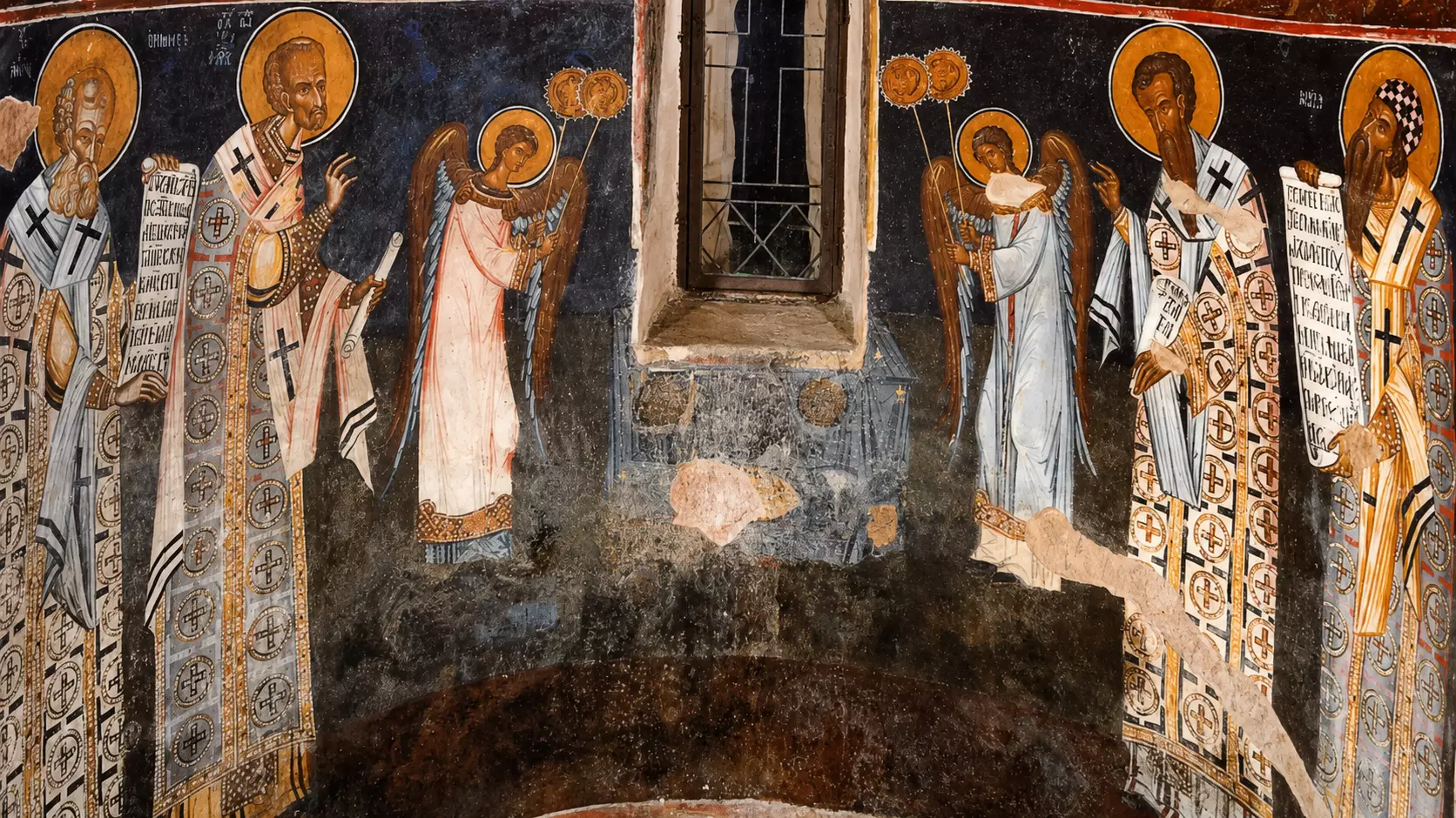 Concelebrating Hierarchs And Angels In The Melismos Fresco Scene At Philanthropinon.