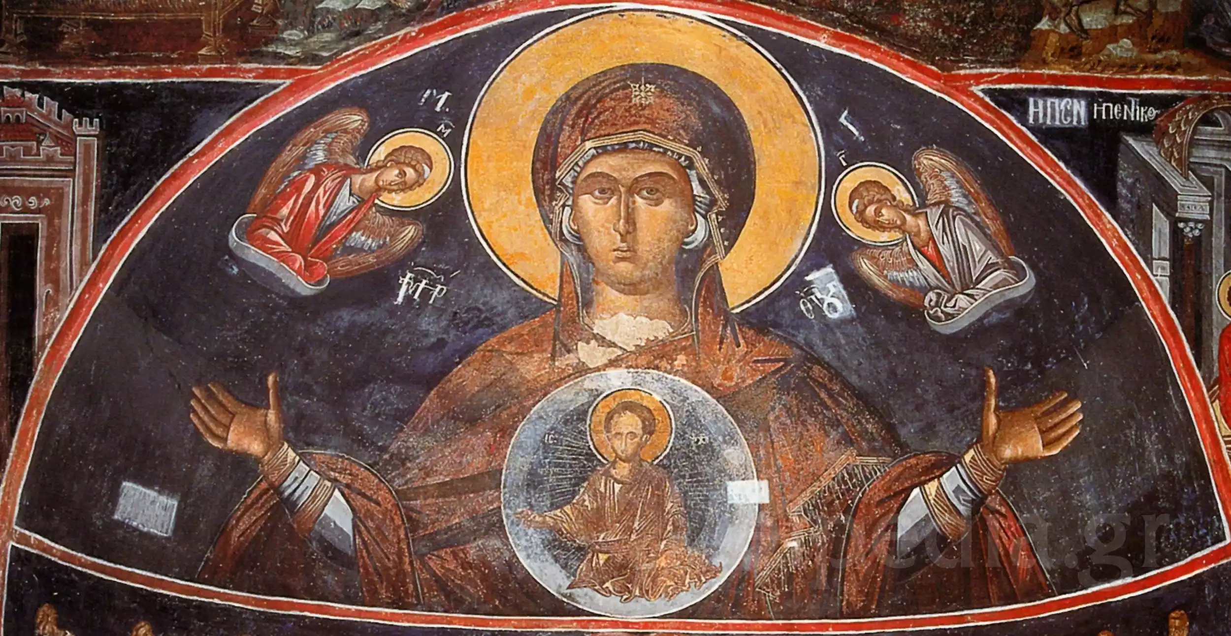 Οι Τοιχογραφίες Της Μονής Φιλανθρωπηνών Και Η Εικαστική Σιωπή Της Αψίδας 17 Η Παναγία Πλατυτέρα Και Οι Αρχάγγελοι Στην Αψίδα Από Τις Τοιχογραφίες Μονής Φιλανθρωπηνών.