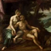 Oil Painting Of The Mythological Figures Venus And Adonis Embracing In A Landscape.