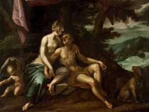 Adonis Dan Afrodit 16 Oil Painting Of The Mythological Figures Venus And Adonis Embracing In A Landscape.