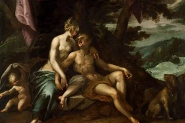 Oil Painting Of The Mythological Figures Venus And Adonis Embracing In A Landscape.