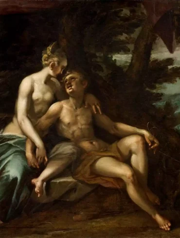Oil Painting Of The Mythological Figures Venus And Adonis Embracing In A Landscape.