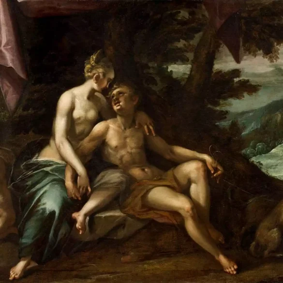 Oil Painting Of The Mythological Figures Venus And Adonis Embracing In A Landscape.
