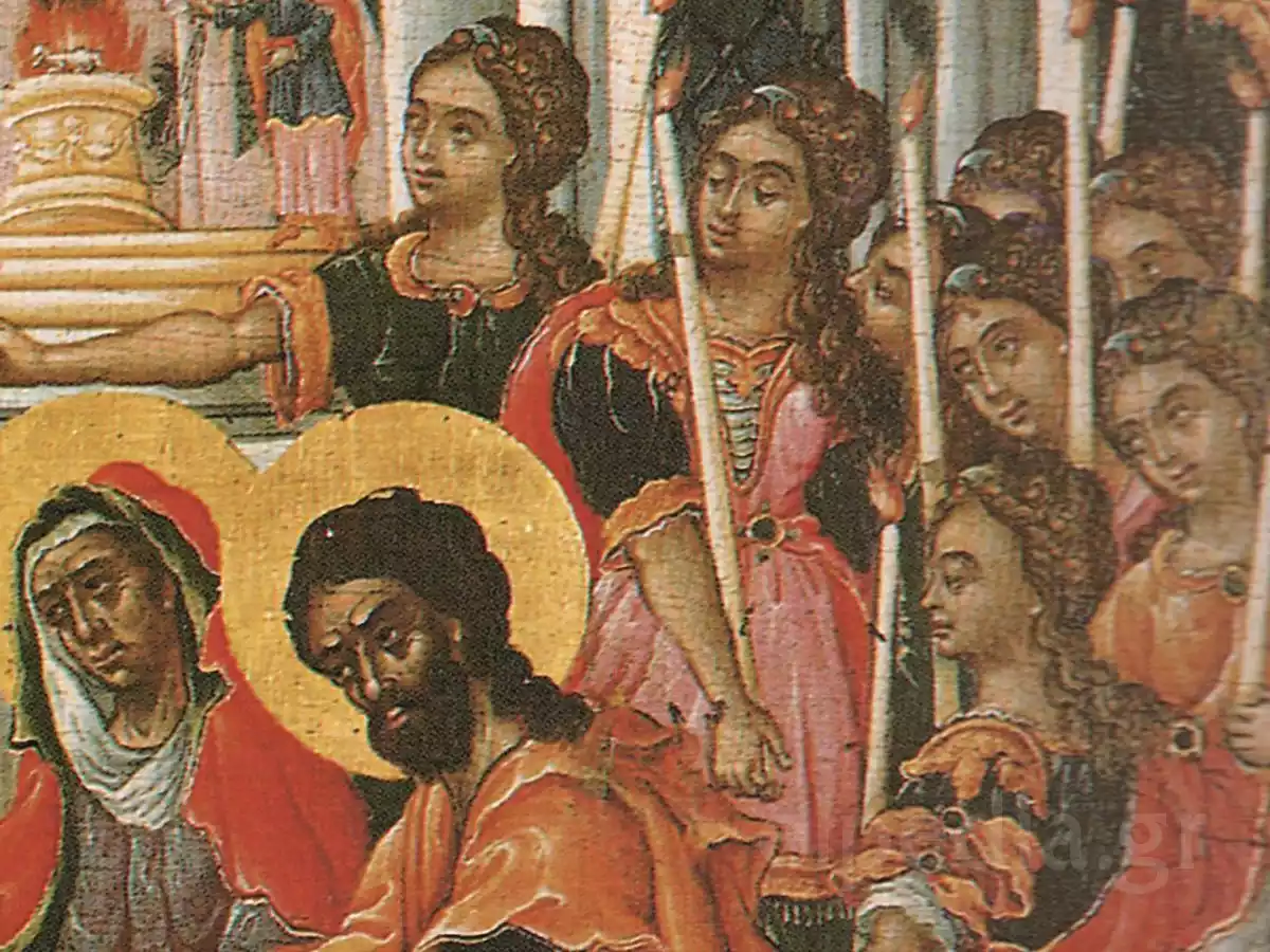 在圣母入殿图中，右侧的持灯处女。