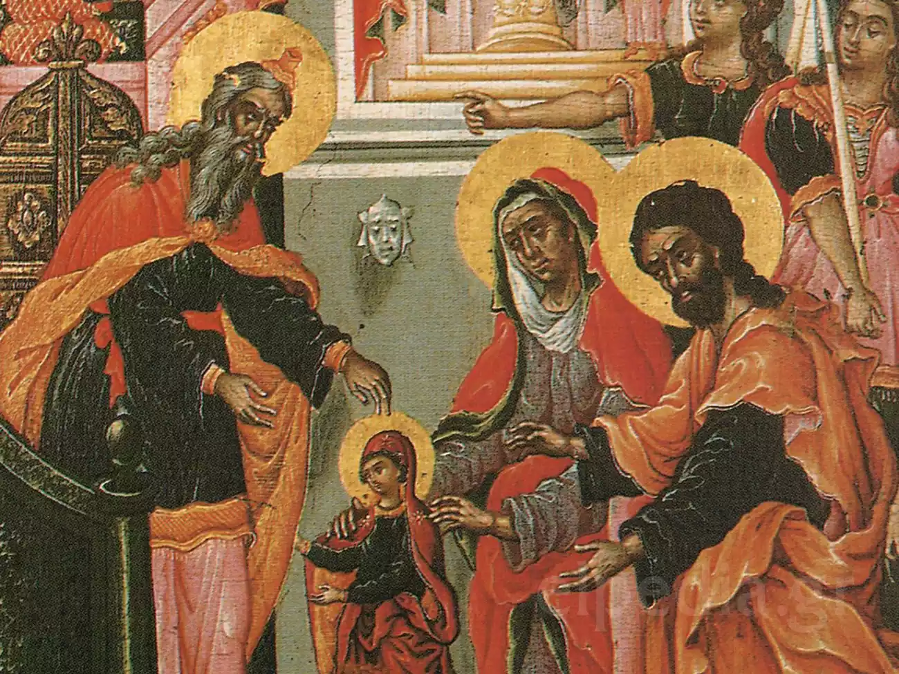 大祭司撒迦利亚在圣母入殿图中迎接圣母。