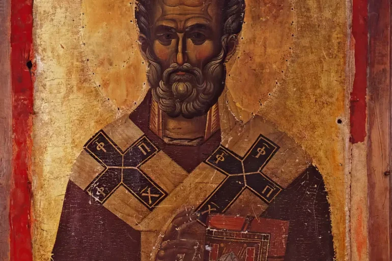 Byzantine Icon Of Saint Nicholas Of Hilandar With Gold Background And Episcopal Vestments