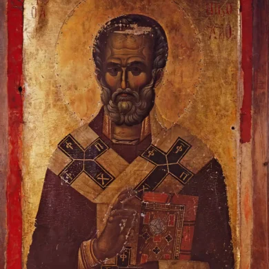 Icona Bizantina Di San Nicola Di Chilandari Con Fondo Dorato E Paramenti Episcopali