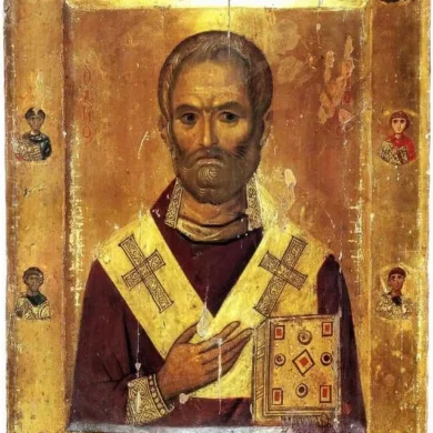 Icona Bizantina Di San Nicola Dell'Xi Secolo, Posizione Frontale, Benedizione E Medaglioni Di Santi Nella Cornice