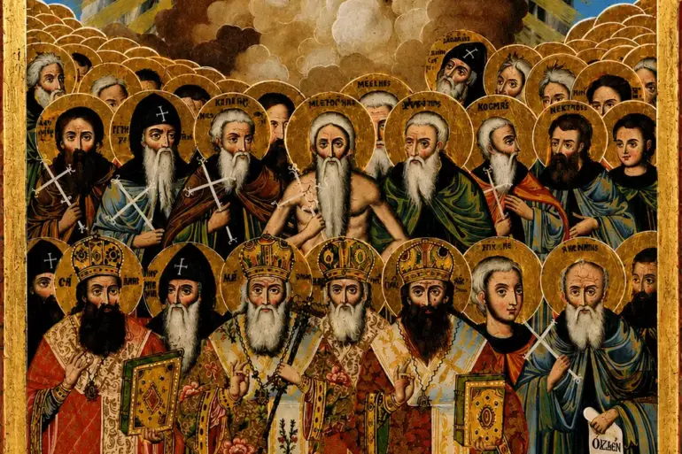 Icône de la Toussaint du Mont Athos de Vatopedi avec la Théotokos et les saints athonites