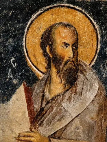 Apostle Paul Fresco At Mystras With Golden Halo, Lowered Gaze And Bifurcated Beard