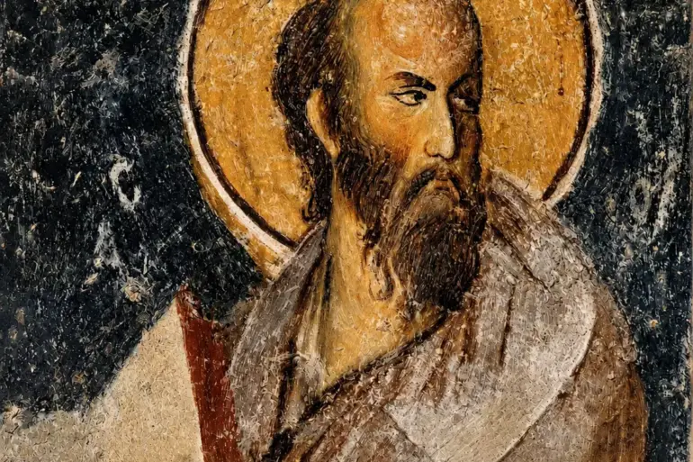 Apostle Paul Fresco At Mystras With Golden Halo, Lowered Gaze And Bifurcated Beard