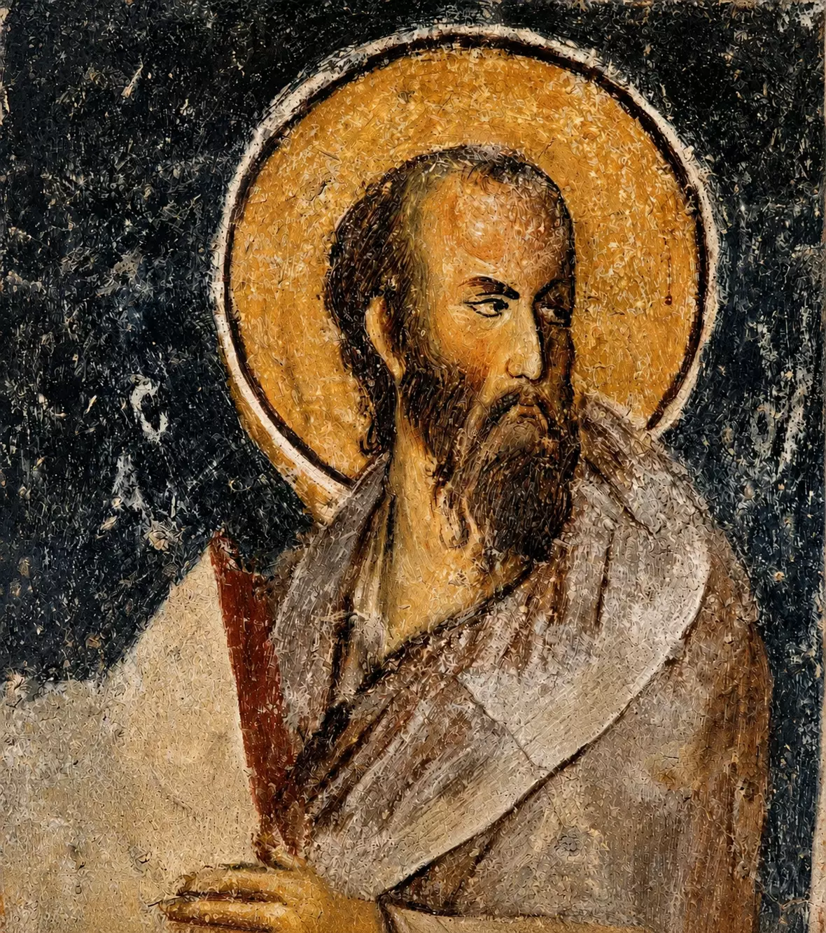 Apostle Paul Fresco At Mystras With Golden Halo, Lowered Gaze And Bifurcated Beard