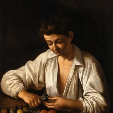 The Boy Peeling Fruit In An Early Painting By Caravaggio With A Dark Background
