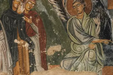 Byzantine Fresco Entombment Of Christ Detail Showing The Myrrh-Bearing Women In Mourning And The Seated Angel Pointing To The Tomb.