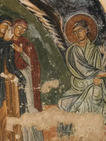 Byzantine Fresco Entombment Of Christ Detail Showing The Myrrh-Bearing Women In Mourning And The Seated Angel Pointing To The Tomb.
