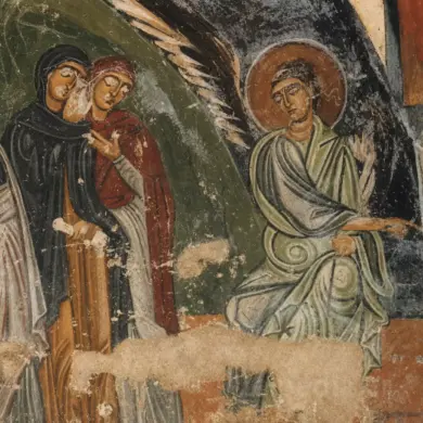 Byzantine Fresco Entombment Of Christ Detail Showing The Myrrh-Bearing Women In Mourning And The Seated Angel Pointing To The Tomb.