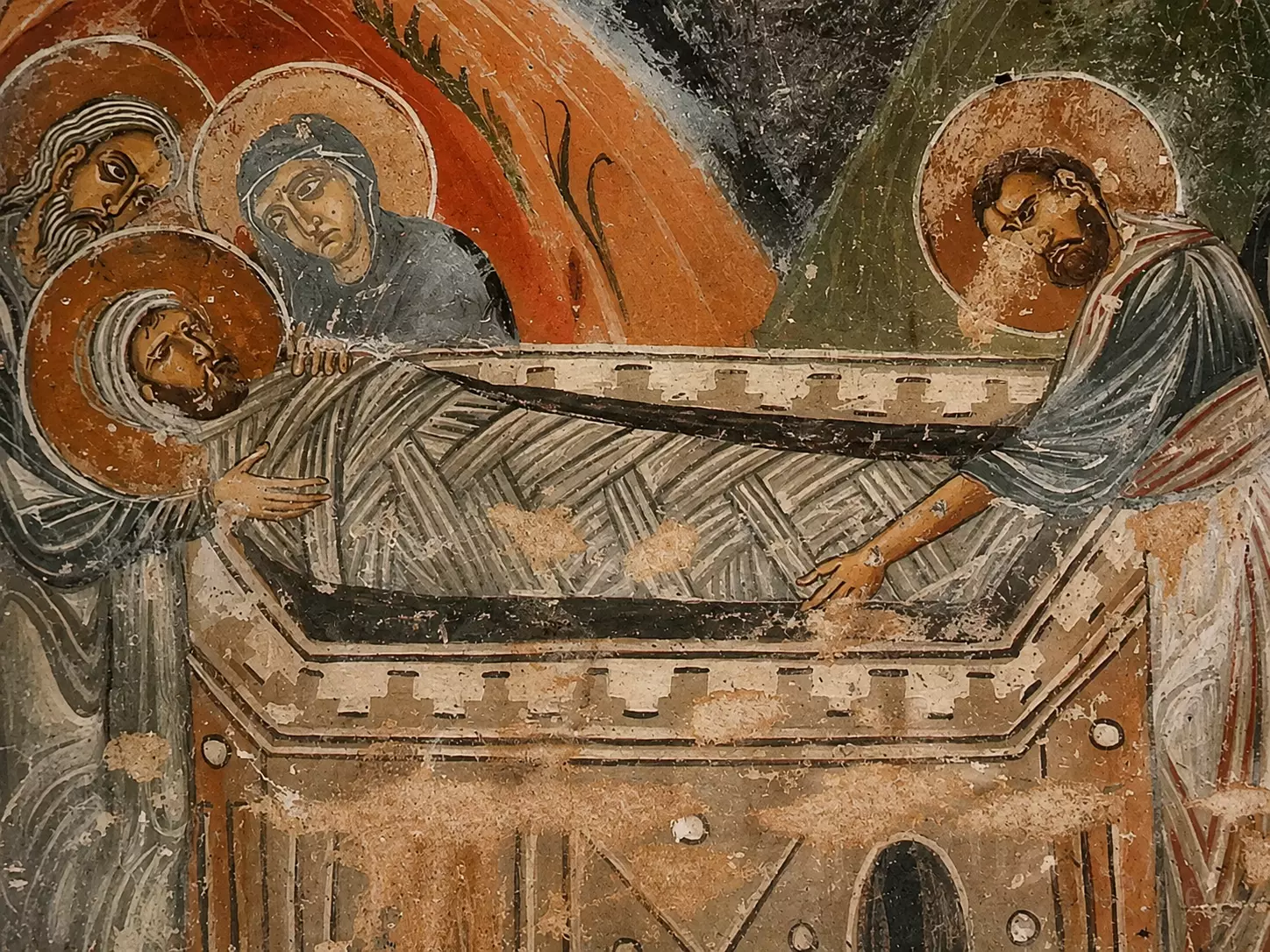 Byzantine Fresco Entombment Of Christ Detail Depicting Joseph And Nicodemus Respectfully Wrapping The Body In A Stone Sarcophagus.