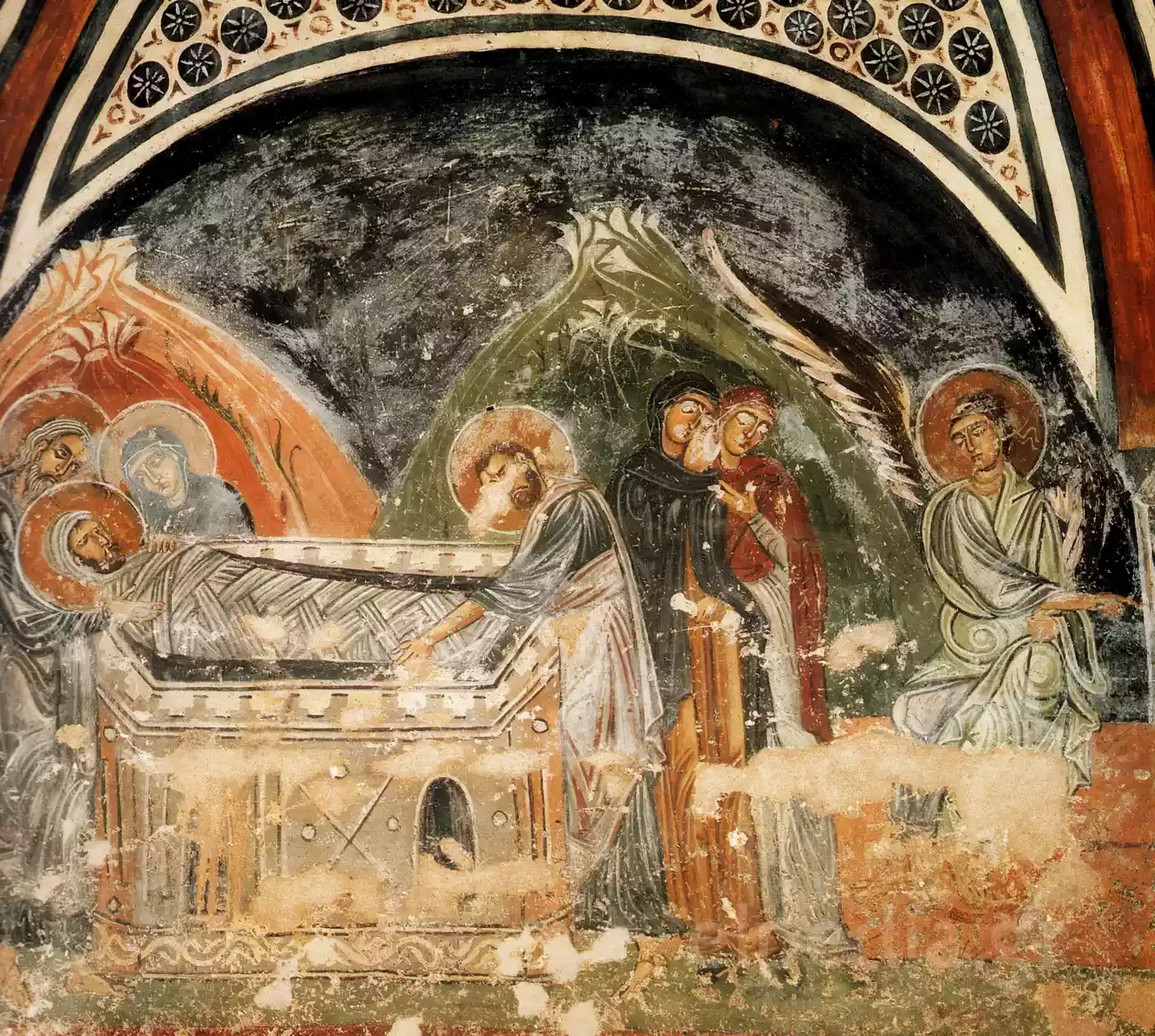 Full Composition Of The Byzantine Fresco Entombment Of Christ In The Hosios Loukas Crypt, Uniting The Burial And Resurrection Scenes.