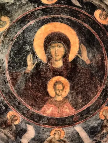 Byzantine Fresco Of The Theotokos In Mystras With Christ And Surrounding Prophets
