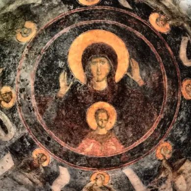 Byzantine Fresco Of The Theotokos In Mystras With Christ And Surrounding Prophets