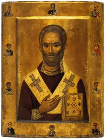 11Th-Century Byzantine Icon Of Saint Nicholas In A Frontal Bust, Holding A Jeweled Gospel And Surrounded By Ten Small Medallions Of Saints.