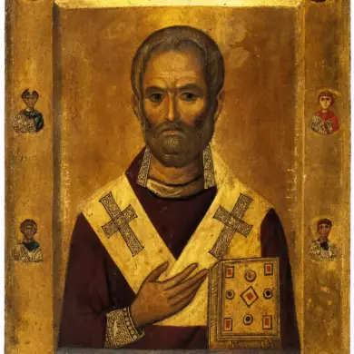 11Th-Century Byzantine Icon Of Saint Nicholas In A Frontal Bust, Holding A Jeweled Gospel And Surrounded By Ten Small Medallions Of Saints.