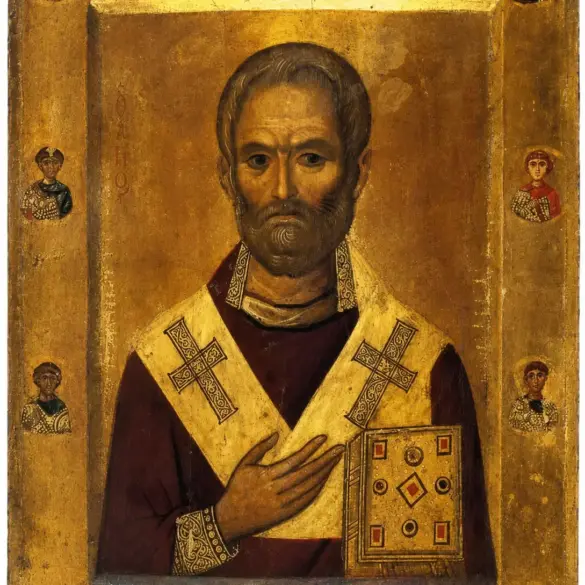 11Th-Century Byzantine Icon Of Saint Nicholas In A Frontal Bust, Holding A Jeweled Gospel And Surrounded By Ten Small Medallions Of Saints.