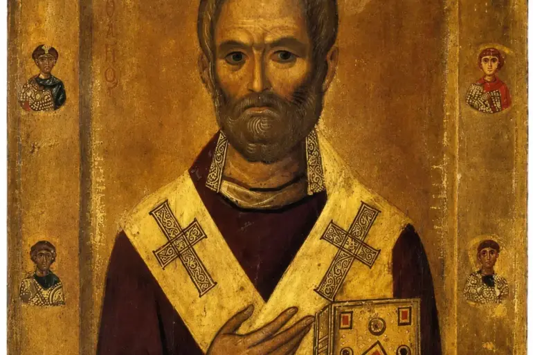11Th-Century Byzantine Icon Of Saint Nicholas In A Frontal Bust, Holding A Jeweled Gospel And Surrounded By Ten Small Medallions Of Saints.