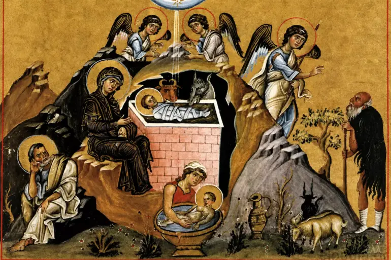 Byzantine Nativity Miniature With Christ, The Theotokos, Angels And Joseph