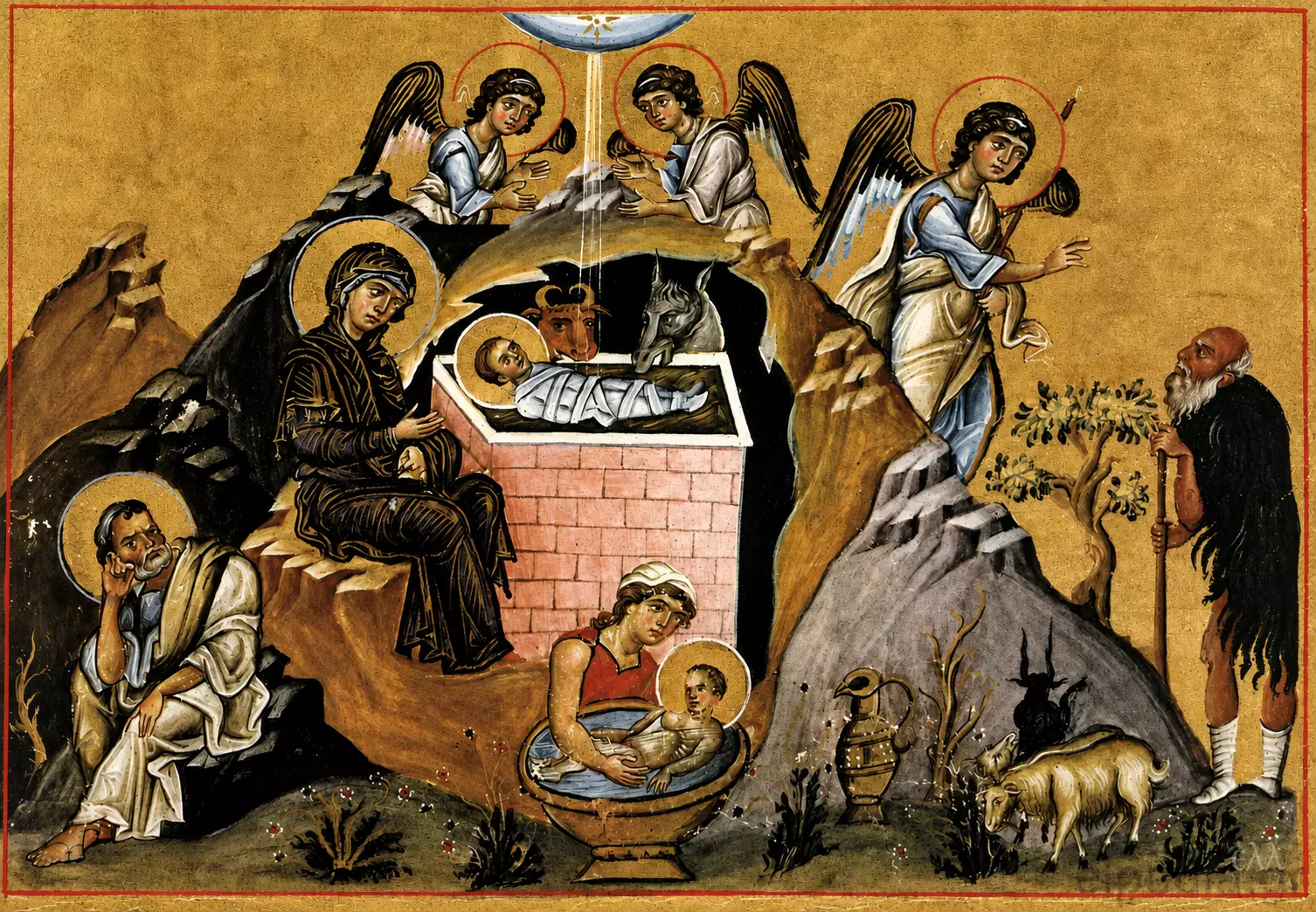 Byzantine Nativity Miniature With Christ, The Theotokos, Angels And Joseph