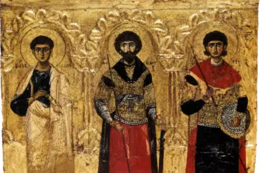 Byzantine Templon Epistyle With Saints Philip, Theodore And Demetrius On Gold