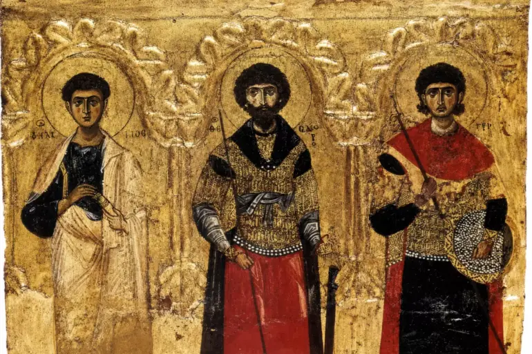 Byzantine Templon Epistyle With Saints Philip, Theodore And Demetrius On Gold