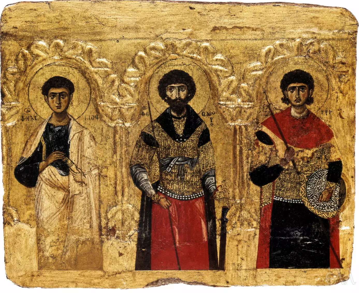 Byzantine Templon Epistyle With Saints Philip, Theodore And Demetrius On Gold