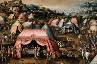 Charles V And The Bey Of Tunis In Dell'Abate'S Panoramic Military Camp Painting