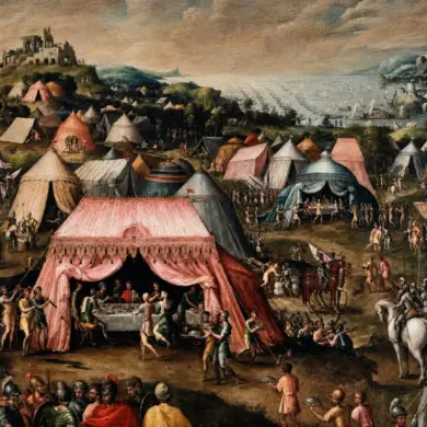 Charles V And The Bey Of Tunis In Dell'Abate'S Panoramic Military Camp Painting